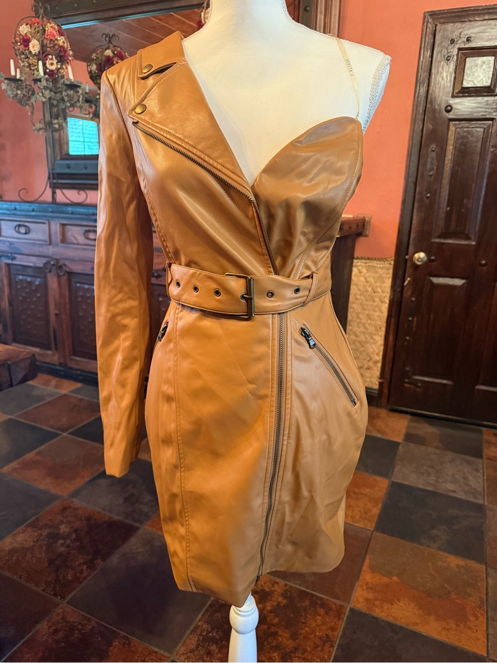 L'ATISTE One-Shoulder Tan Faux-Leather Belted Jacket